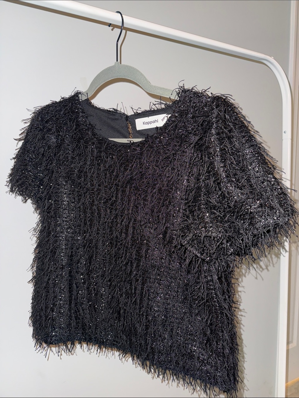 Black Textured Fringe Short Sleeve Crop Top